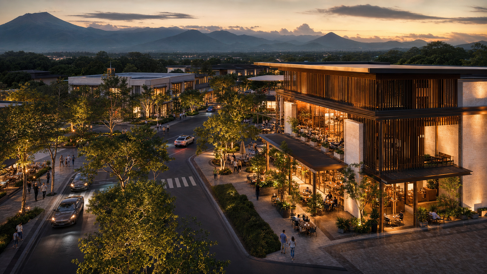Vision of Paseo de Lipa's landscaped commercial estate at dusk
