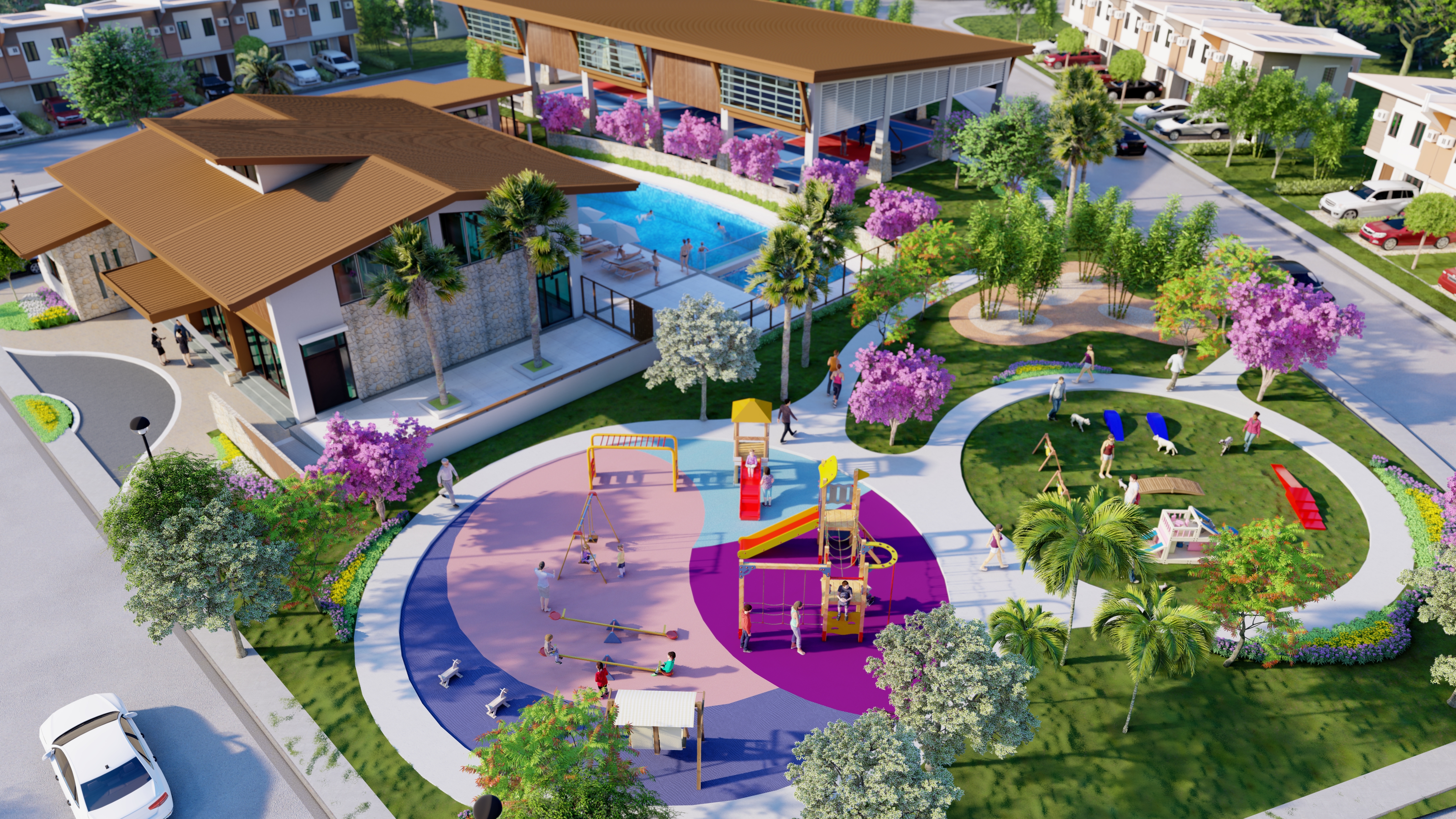 Aerial view of Estella's clubhouse, play park, pool, and landscaped grounds