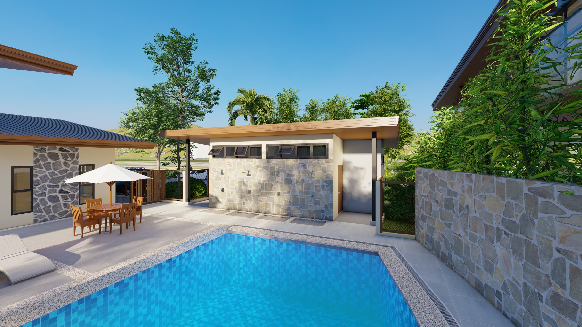 Architectural rendering of Estella's pool bath house and intimate outdoor lounge