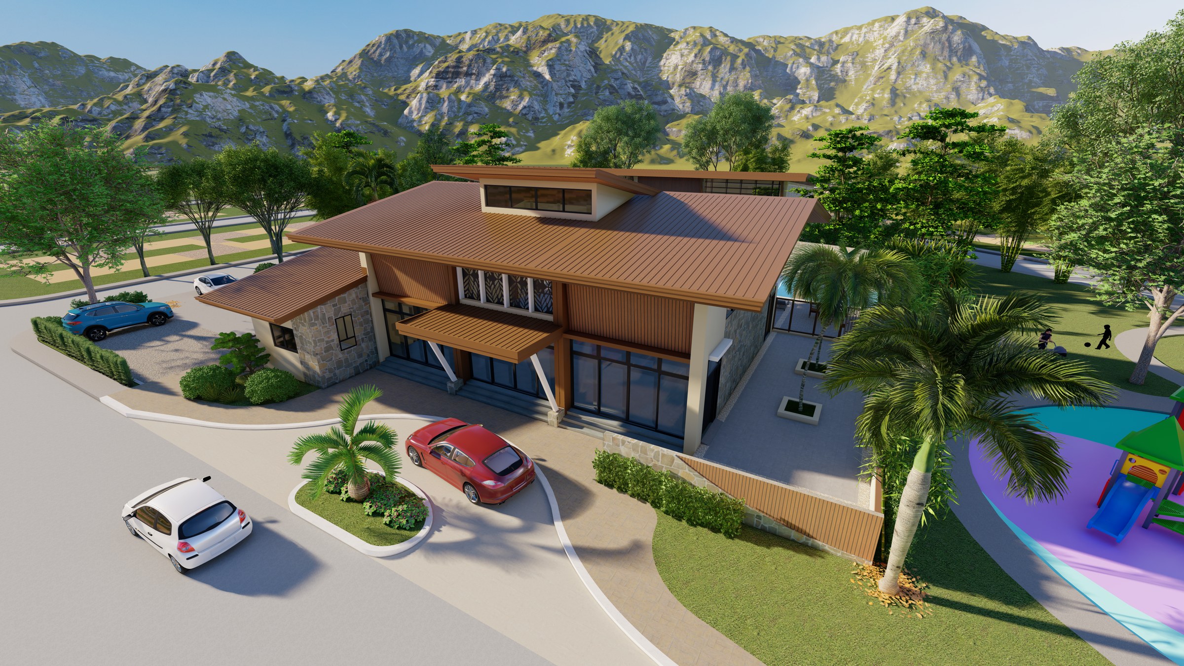 Elevated architectural rendering of the Estella clubhouse arrival and adjoining play garden