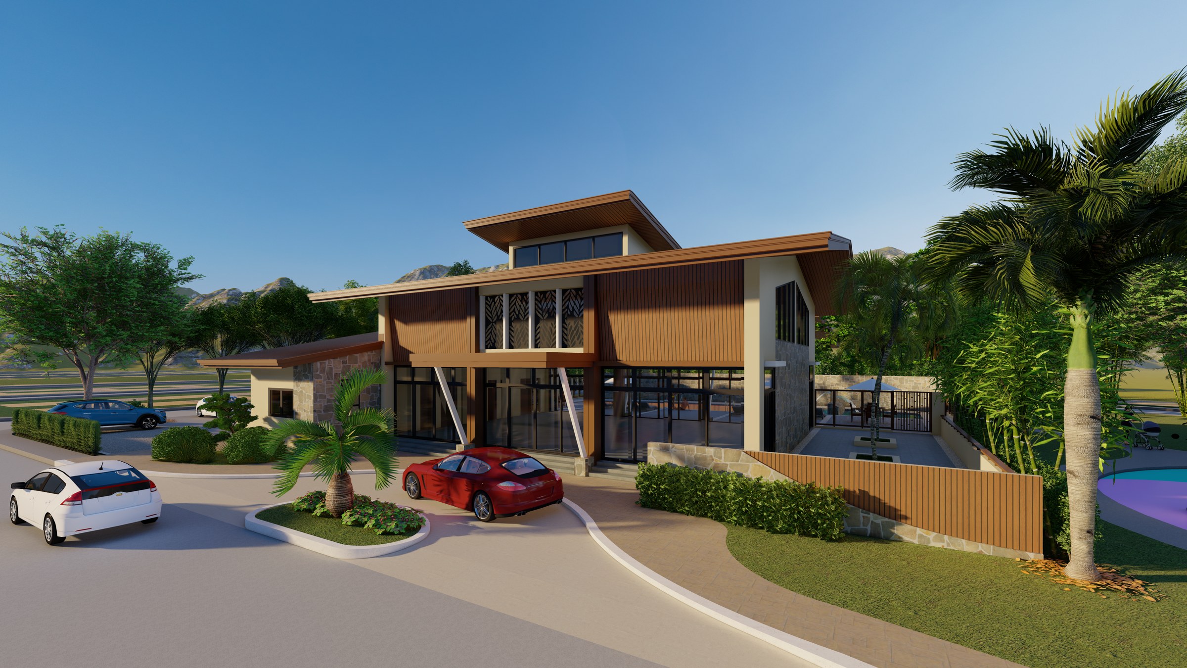 Front architectural rendering of the Estella clubhouse with landscaped arrival court