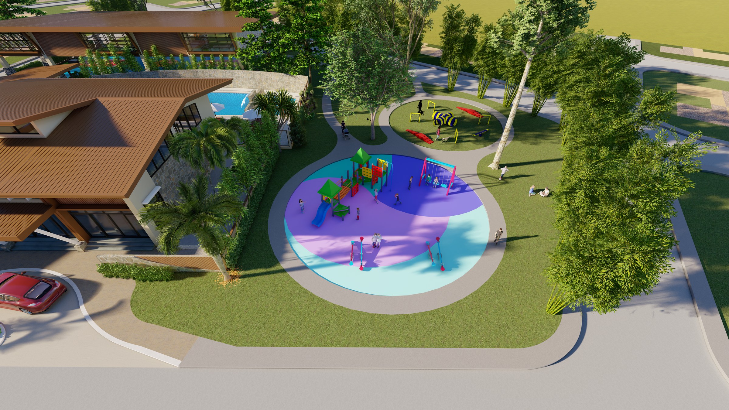 Aerial architectural rendering of Estella's play garden, pet course, clubhouse, and looping paths