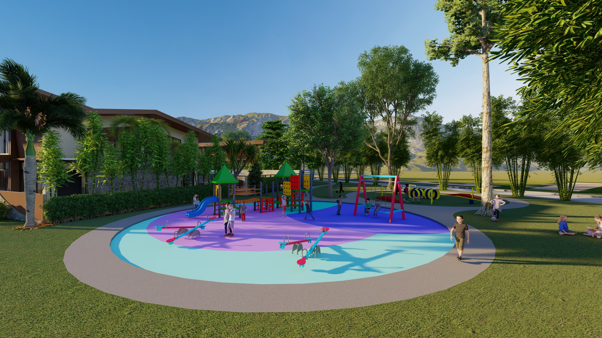 Architectural rendering of Estella's colorful children's playground surrounded by lawns and mature planting
