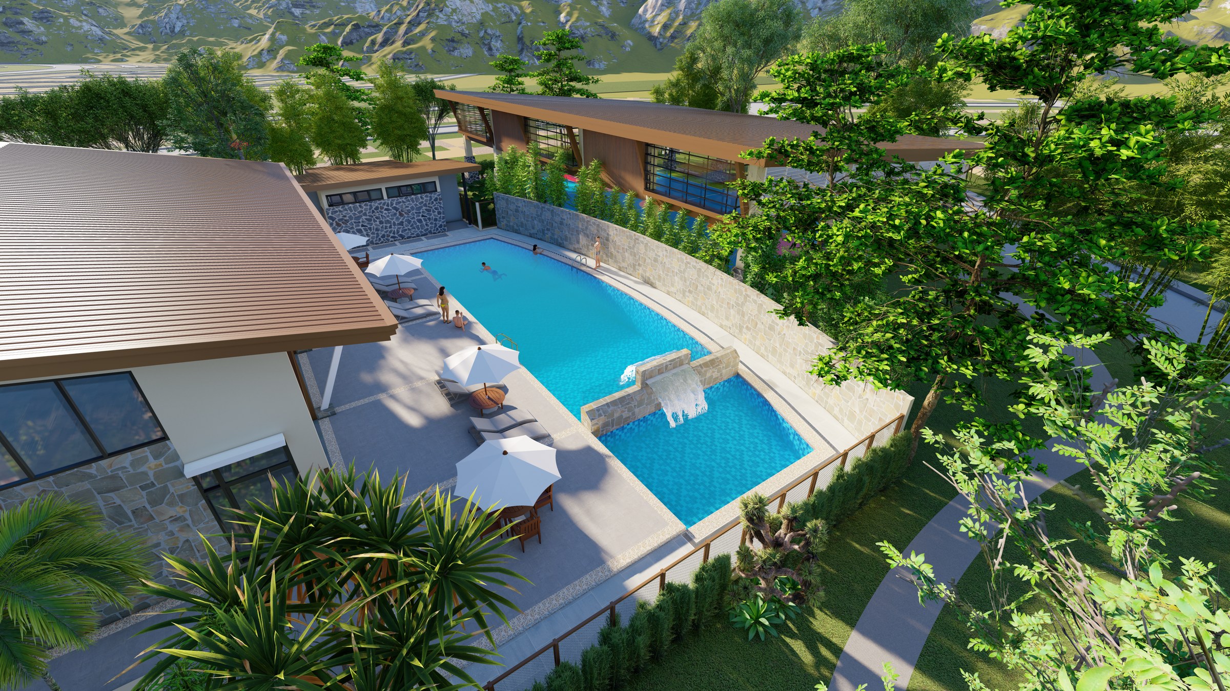 Aerial architectural rendering of Estella's swimming pools, clubhouse terrace, and landscaped paths
