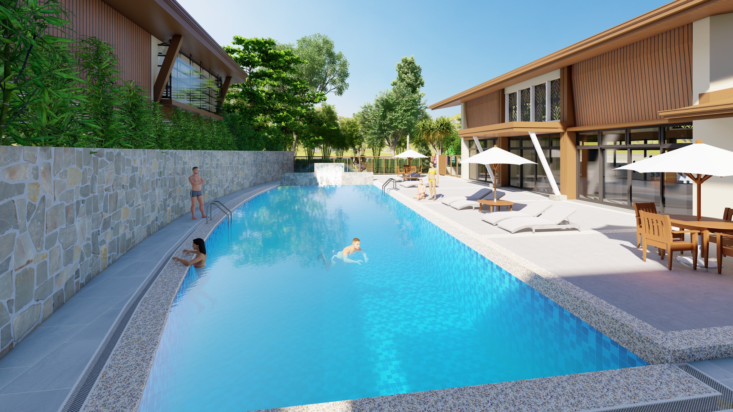 Architectural rendering of families enjoying Estella's resort-style swimming pool beside the clubhouse