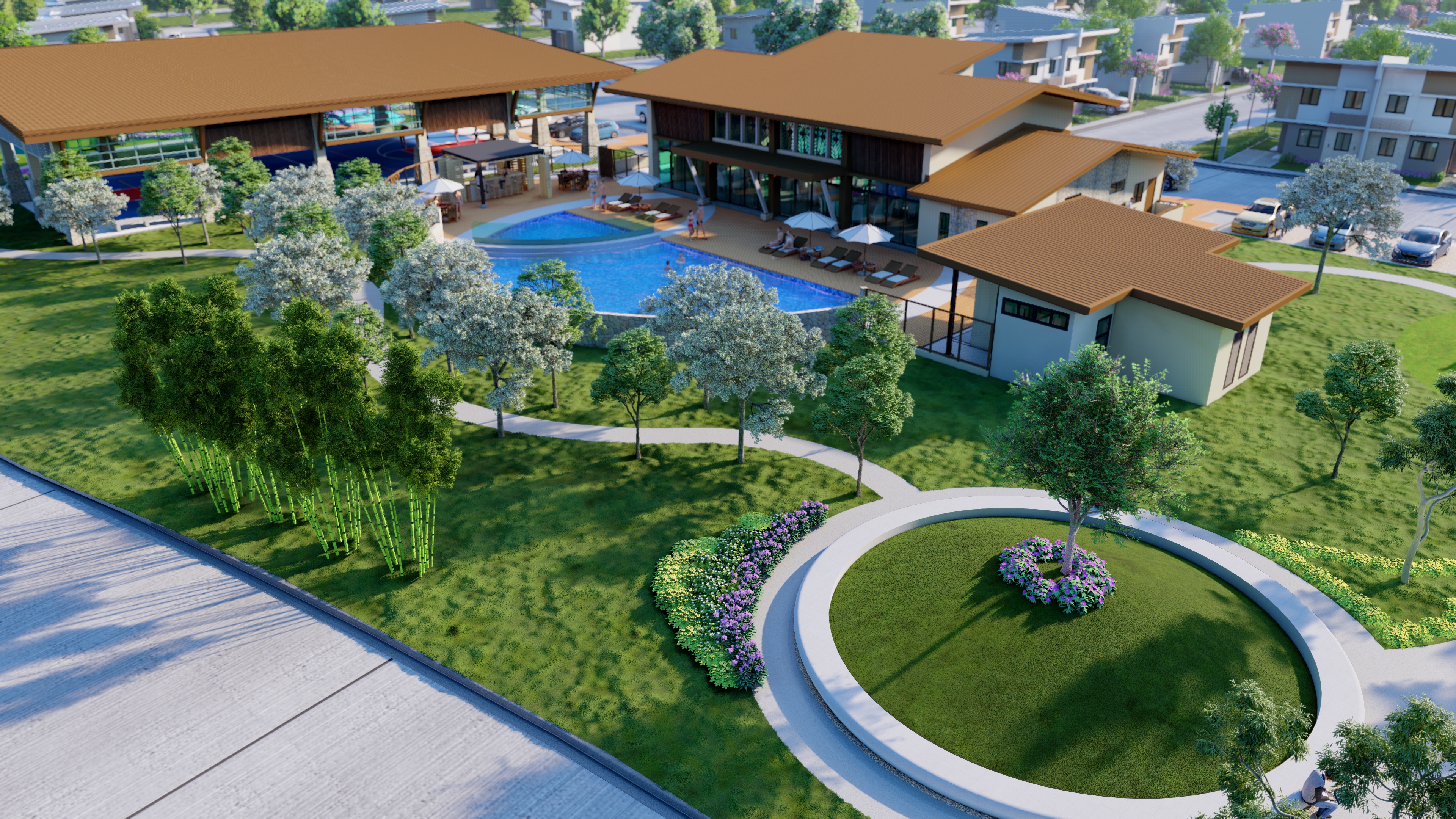 Estella clubhouse and pool surrounded by mature landscaping