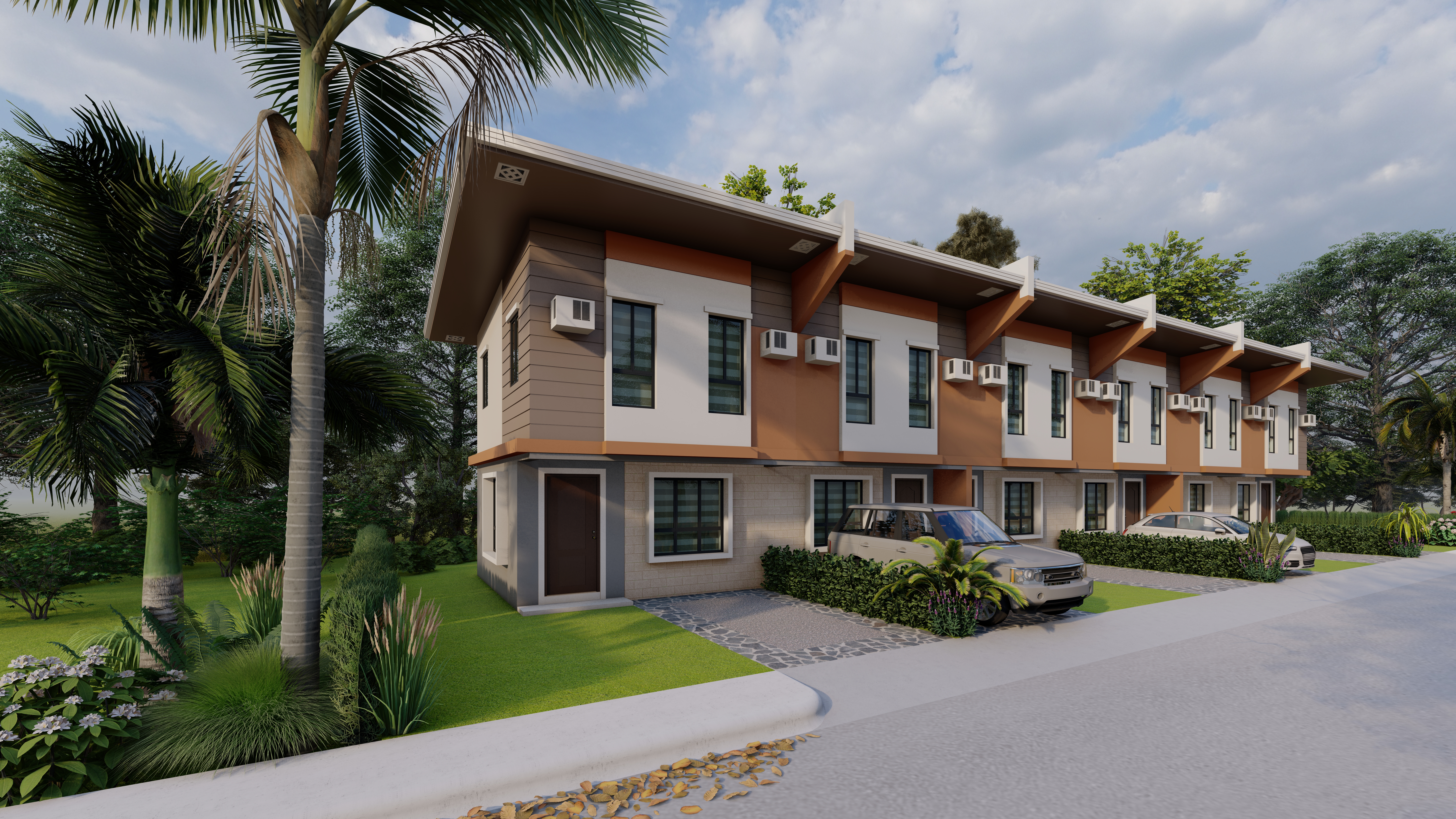 Contemporary Estella townhouses framed by landscaped gardens