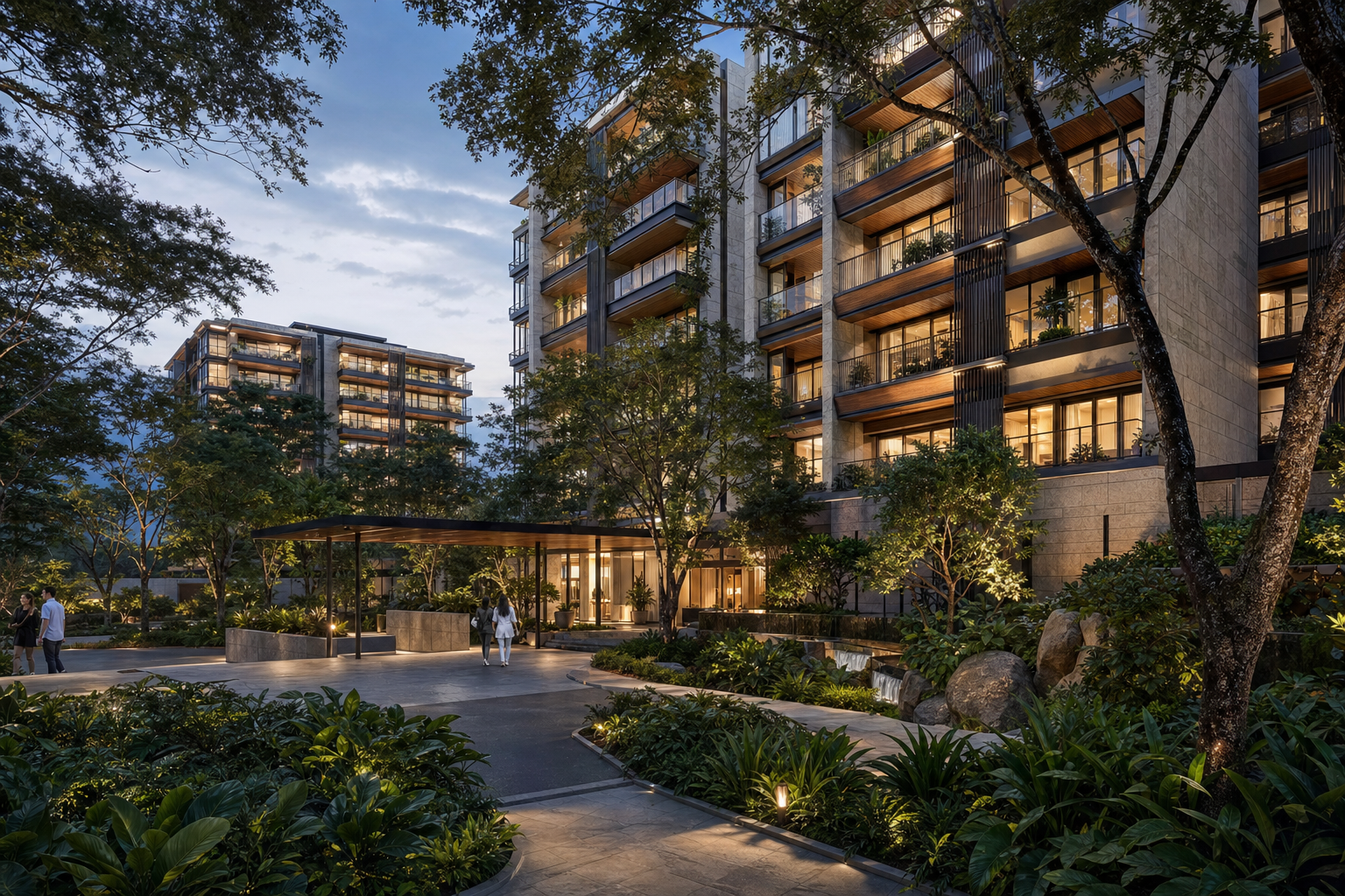 Vision of premium condominium residences surrounded by tropical landscaping