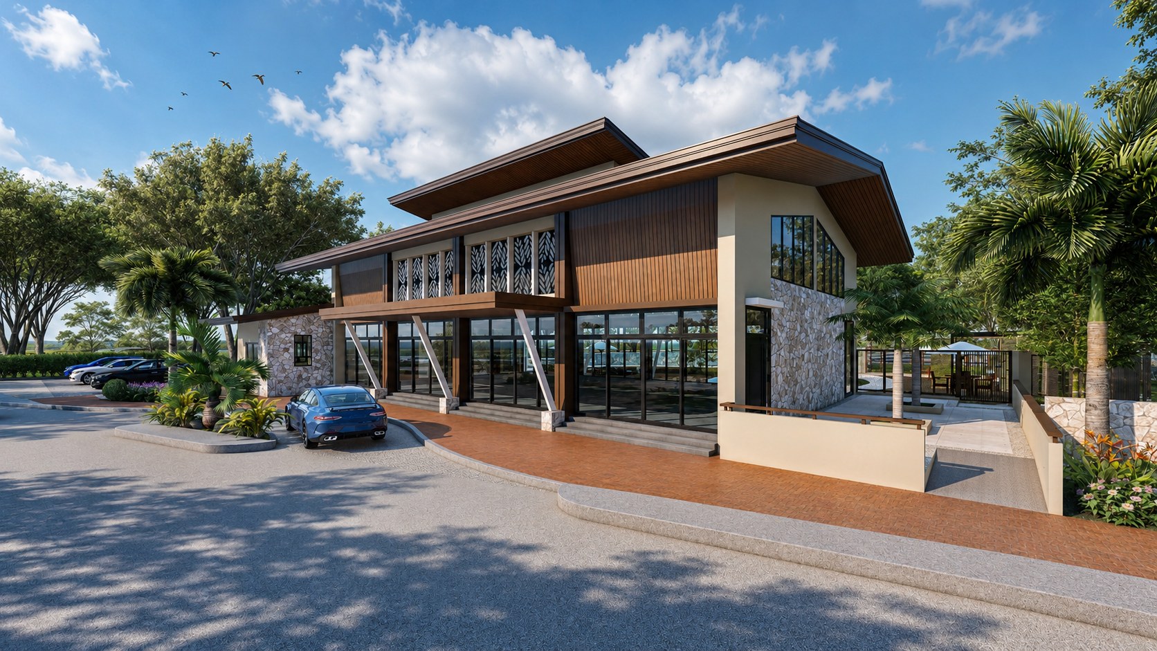 Rendered arrival view of the contemporary Madeira clubhouse with timber and stone details