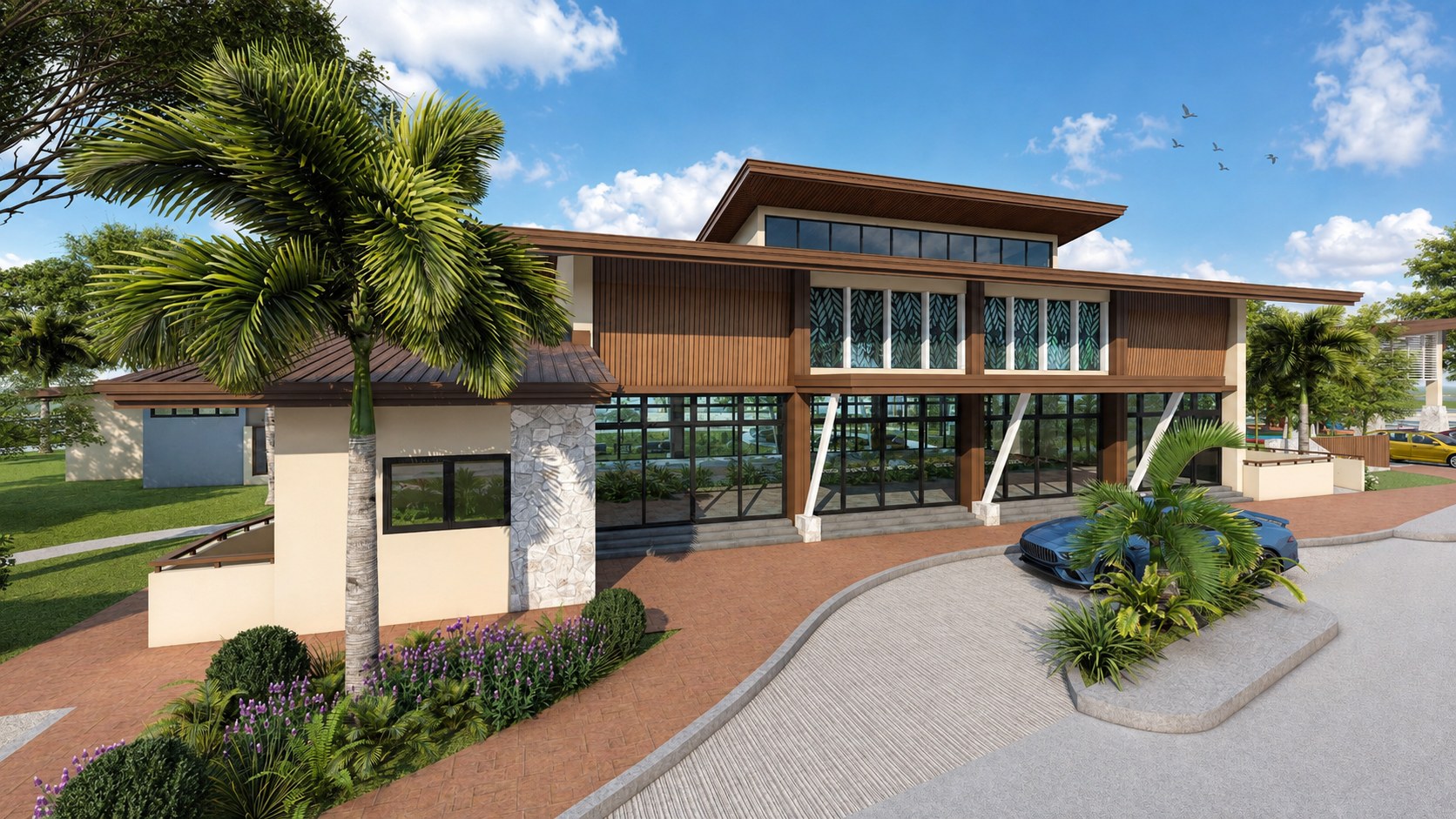 Rendered front elevation of the Madeira clubhouse surrounded by tropical landscaping