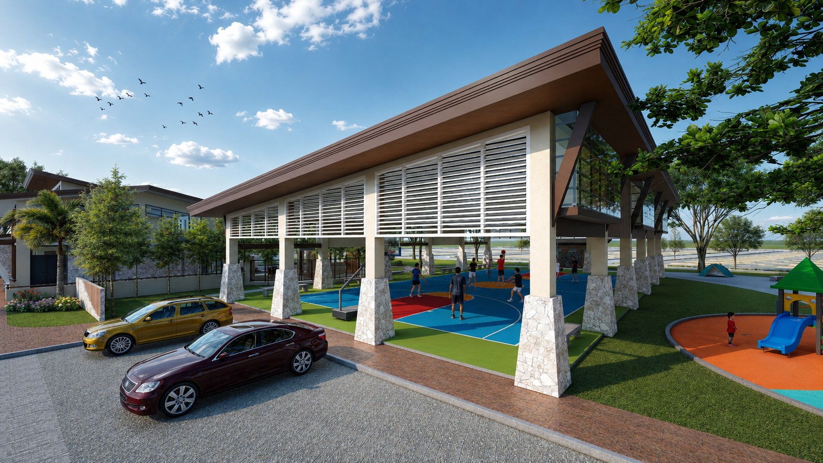 Rendered covered basketball court with children playing beside a colorful playground at Madeira