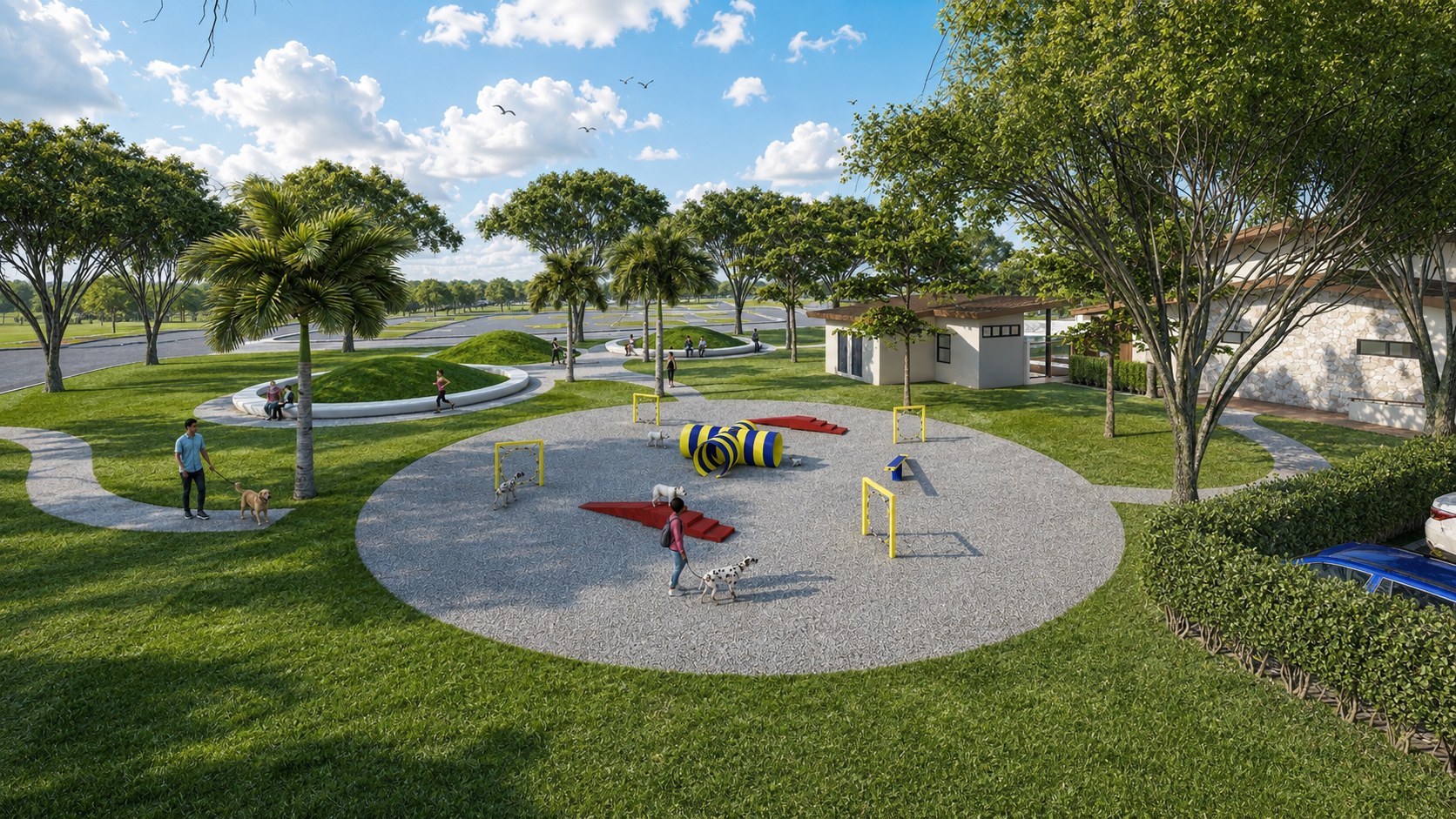 Rendered dog park with agility equipment, walking paths, and mature trees at Madeira