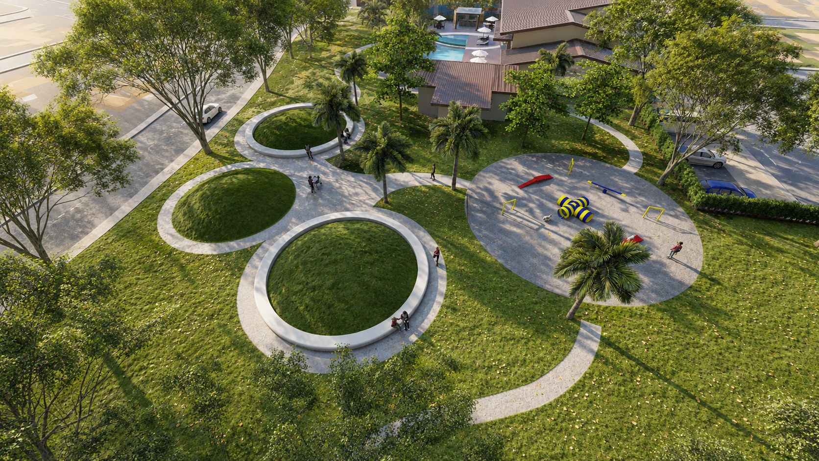 Rendered aerial view of Madeira garden lawns, circular seating, paths, and dog park