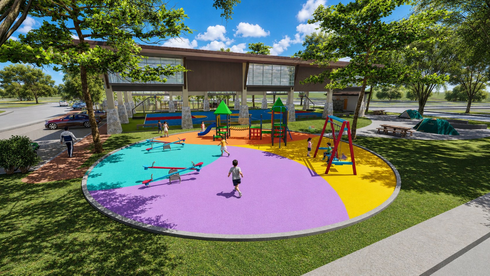 Rendered colorful children's playground beside the covered court at Madeira