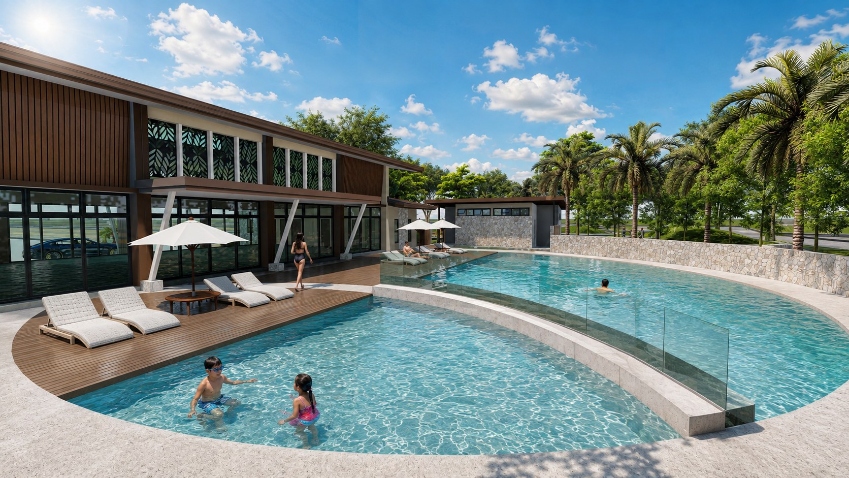 Rendered family pool with children swimming beside the Madeira clubhouse