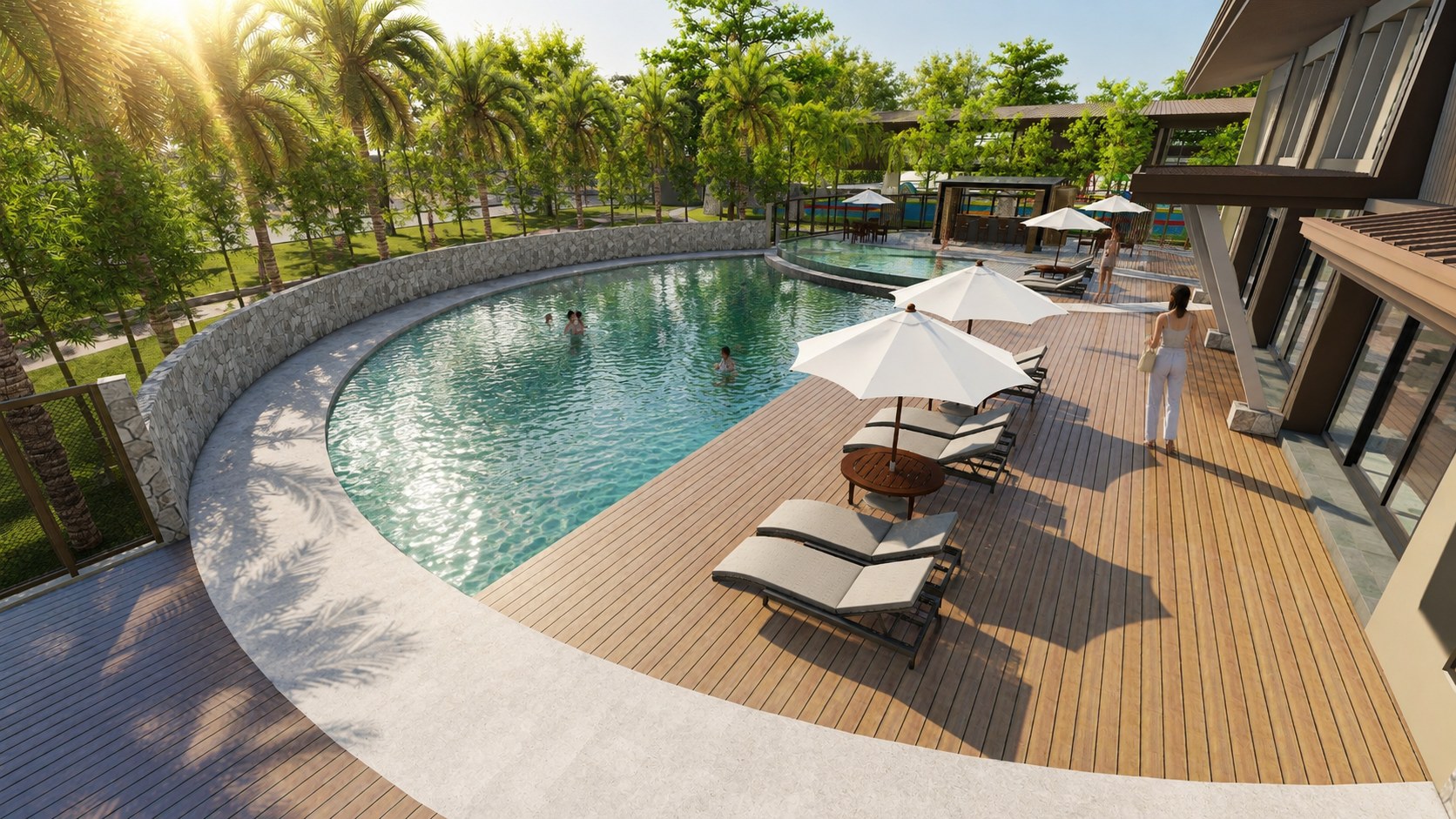 Rendered elevated view of the Madeira swimming pool and timber sun deck